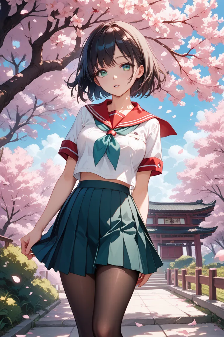 pretty anime girl, short black hair, teal eyes, looking at viewer, flirty expression, slightly parted lips, red sailor uniform, short black pleated skirt, black tights, cherry blossoms, sakura trees, petals falling, spring, soft light, romantic atmosphere,...