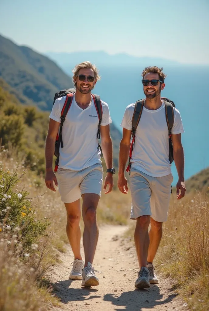 Des touristes montent dans une randonnée avec des t-shirts blancs pour les femmes et débardeurs blancs pour les hommes et jeunes hommes, les uns portent aussi des pantalons blancs et des shorts vert, rouge 