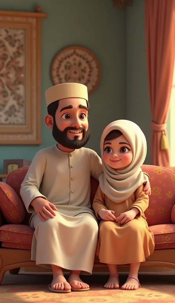 In a 3d realistic animation style in indian muslim looks, father sitting with his daughter on wooden sofa, father mid'45 wear a muslim costume and round cap on head, and the daughter wear Muslim costume like hijaab, both feeling well, in a background buety...