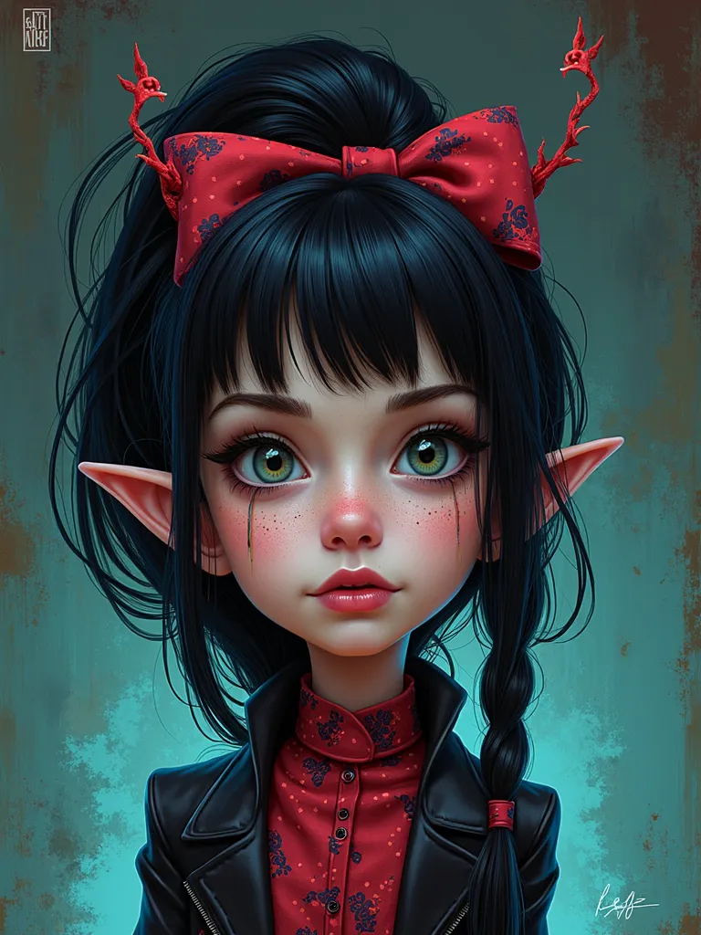 cute goth girl, Dark gritty background, Digital art, 2d cartoon, Grunge, Expressive Facial Features, Cyberpunk aesthetic, Quirky character, Crisp character linework, Dynamic pose, Jamie Hewlett, Katie Rice, Highly detailed, Sharp, Cute, Colorful