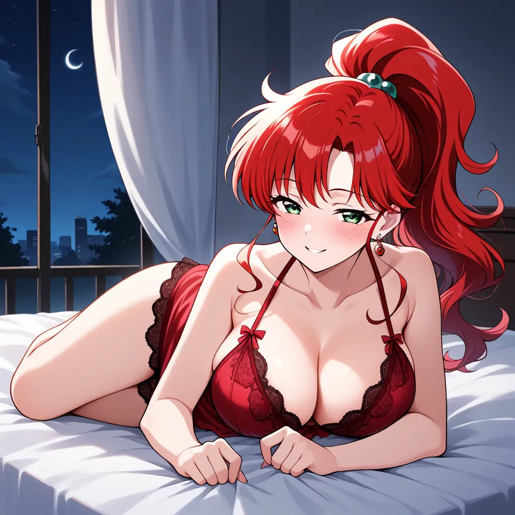 1 girl, solo, obra maestra, mejor calidad, SMiLE, LONg hair, blush face, REdHEAd, green eyes, ponytail hairstyle, medium boobs, rose earrings, Belly Burton, half closed eyes, red earrIngs, hair accessory, Kino Makoto, blushed face, LOOKiNG AT VieweR, SExy ...