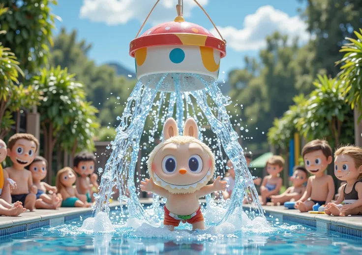 "Labubu and friends are at the swimming pool, having fun together. Labubu is standing under a giant tipping bucket, eagerly waiting for the water to pour down on his head. His friends are watching and laughing, excited for the big splash. The scene is full...