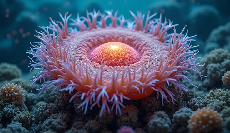 a highly detailed scientific diagram of cnidaria sea anemone, their features highly detailed, 8K, ultra-detailed, photorealistic, physically-based rendering, extreme detail, professional, vivid colors, underwater scene, coral reef, marine life, glowing bio...