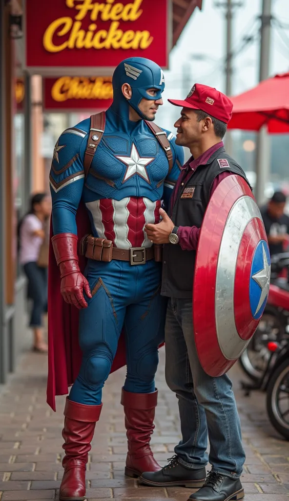 A superhero character captain America in a blue costume, red, and white with a star emblem on the chest, dan sepatu red dan helm bertuliskan huruf A khas captain America menyerupai pahlawan komik terkenal.

Ia sedang memegang sebundel besar sedotan warna-w...