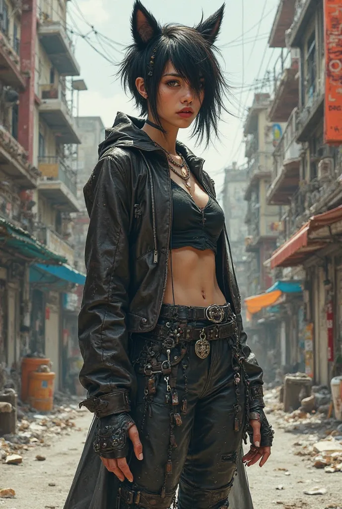 Androgyic woman in a punk outfit, in spacious, short wolf hair, medium chest,  black hair, ghettos 