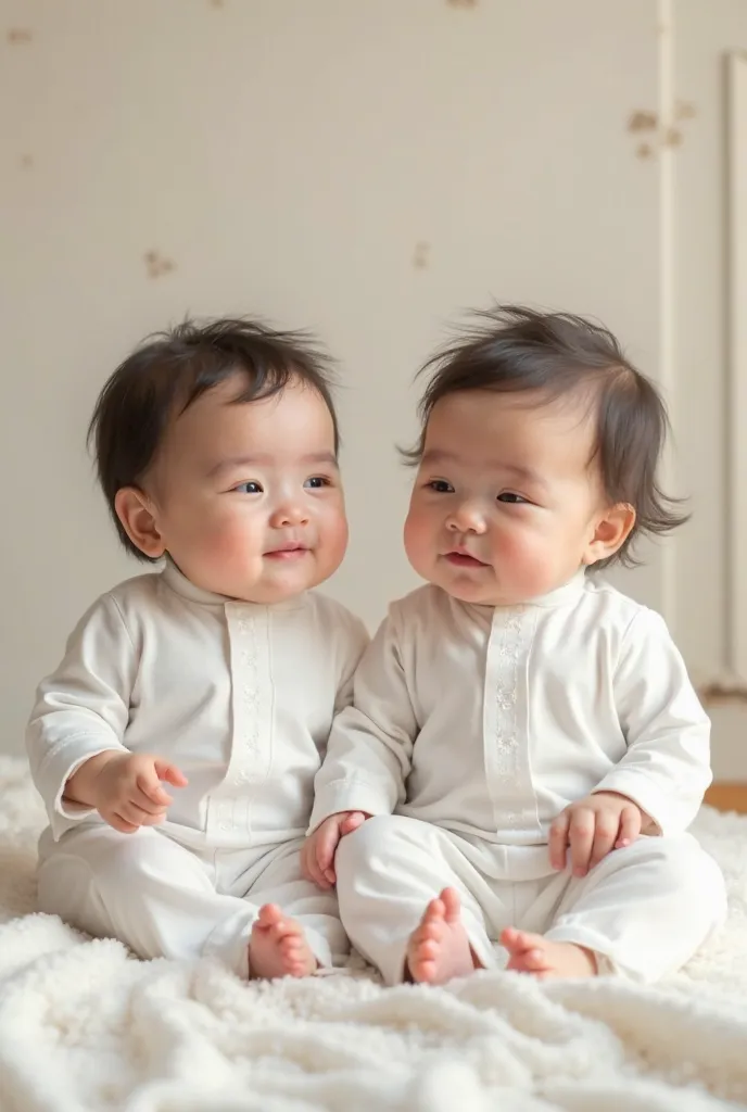 ((Two 6-month-old babies,.))  They are twins , they have dark hair, they are wearing white Arabian Kandura. Realistic 8k realistic image  