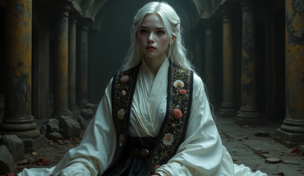 a full body picture of an albino Japanese-European woman, sitting on classic chair, wearing an elegant ancient-style black white robe with intricate embroidery, draping gracefully over her shoulders and glass-like shoes. Her expression is mysterious yet se...