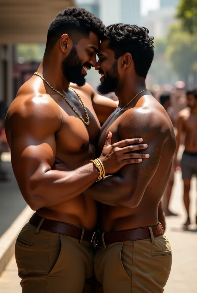 Two gay South Indian Tamil hot adult brown handsome man with hot muscular body wear half button open Indian brown police dress in the public romance smile, hug from back 