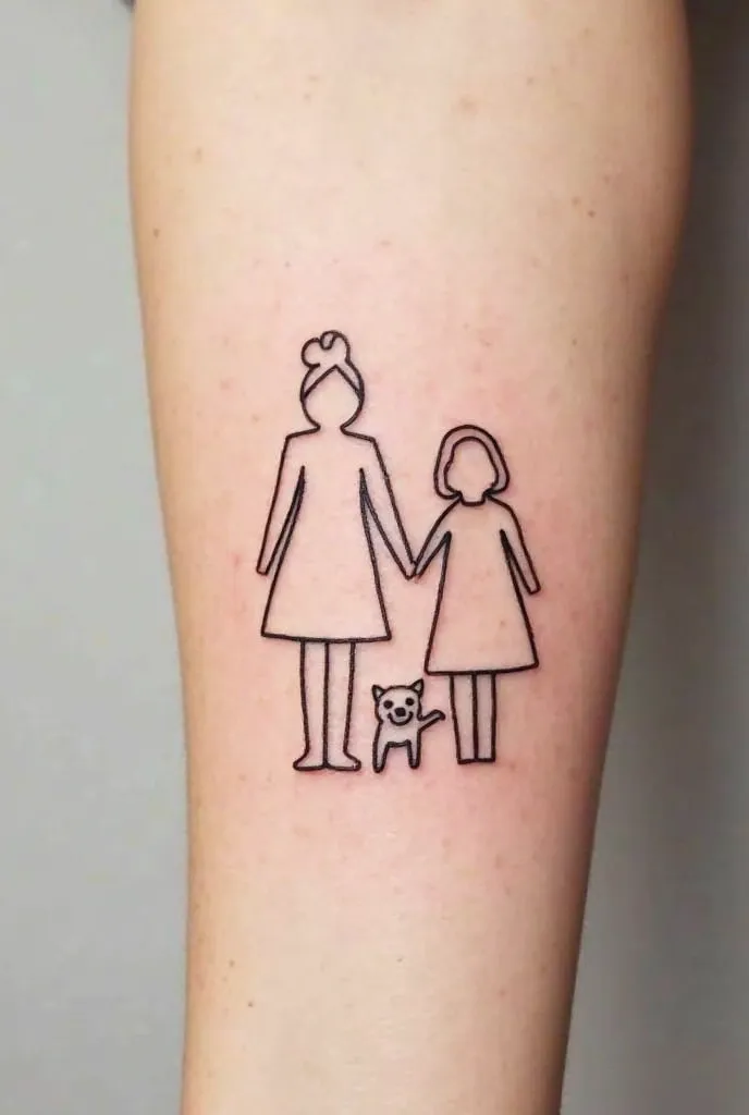 Make me a minimalist tattoo with only a thin black line representing a mother, a daughter and a little dog Yourshire 