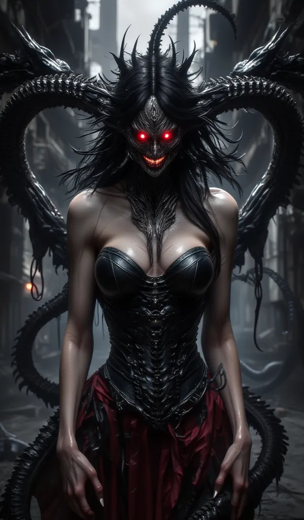 Immersed in a spooky horror movie setting，wearing a strapless corset top，A woman transforms into a seductive succubus demon，Exude an aura of lust and corruption。 evil smile ，Red eyes，Embody sinister and alluring features inspired by Audrey Kavasaki、A wicke...