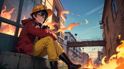 A brave and cheerful  boy named Taeo, with short black hair and bright, curious eyes. He wears a red firefighter helmet slightly tilted on his head and a small red jacket with yellow reflective stripes. His outfit includes dark blue pants and sturdy black ...