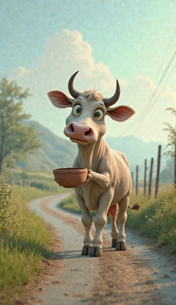 A cow is asking for a bowl back in his hand on the side of the road