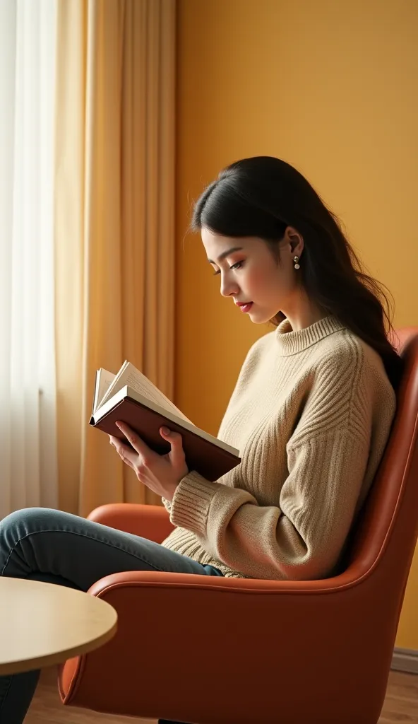 A woman, sweater, is reading a book in a room. There is a chair, in front of it there is a table. Side view. Wall background. Bright lighting