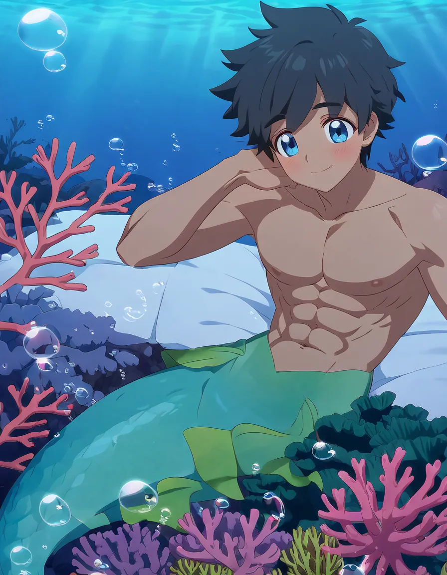 Solo, alone, male merman, tanned skin, green merman, blue eyes, black hair, sea, under deep sea, smile, male chest, abs, pink blush, merman sleep on bed, water bubbles, seaweed, coral,