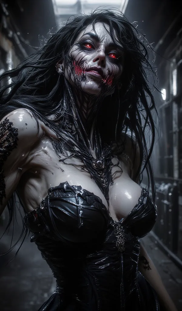 Immersed in a spooky horror movie setting，wearing a strapless corset top，Exude an aura of lust and corruption。 evil smile ，Red eyes，Embody sinister and alluring features inspired by Audrey Kavasaki、A wicked and alluring feature inspired by the spellbinding...