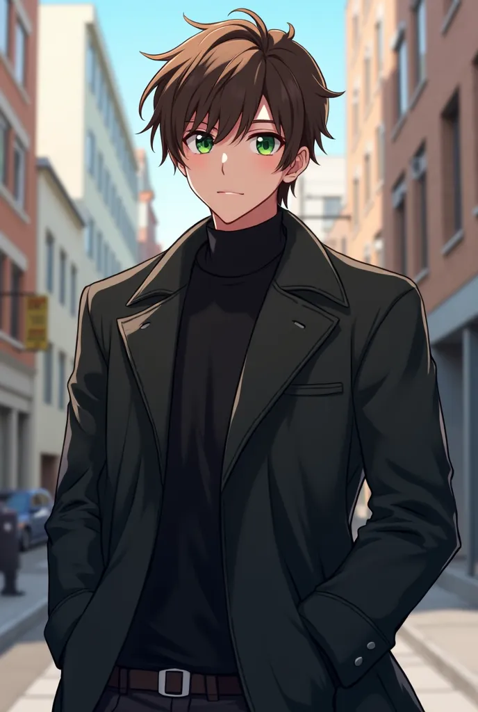 An anime guy with green eyes and a black coat standing on the sidewalk,  handsome anime man , cute anime pose, male anime style, male anime character, young anime man, anime portrait of a handsome man,  Anime Boy,  Anime character style,  semi-realistic an...