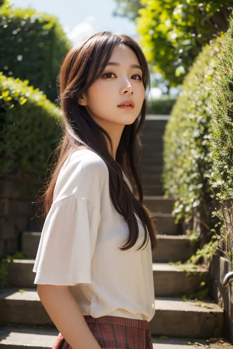 Looking up from behind at a Japanese woman in a short skirt walking up the stairs.