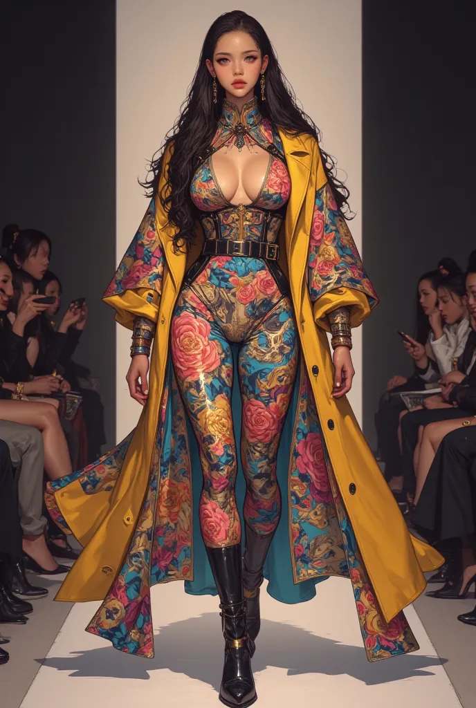 ((The body is covered with ripples)),
Super beautiful like a model,long hair, 
Jojo standing,
((Jojo standing pose)),
((dynamic pose)),
thin silk clothes,
((((a woman in a blue and white floral suit walking down a runway)))), focus on art nouveau suit, int...