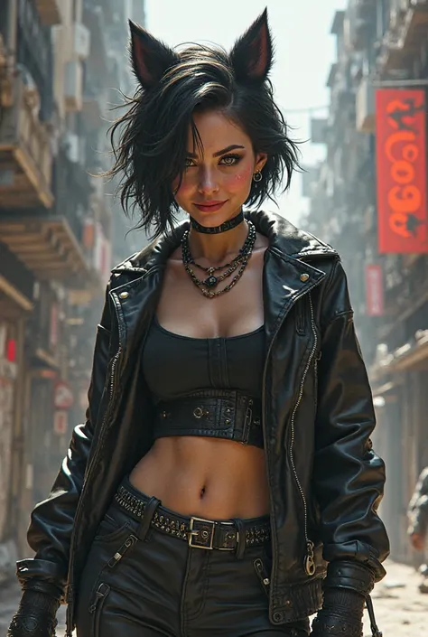  woman in punk outfit, in spacious, short wolf hair, medium chest,  black hair, ghettos,  arrogant smile 