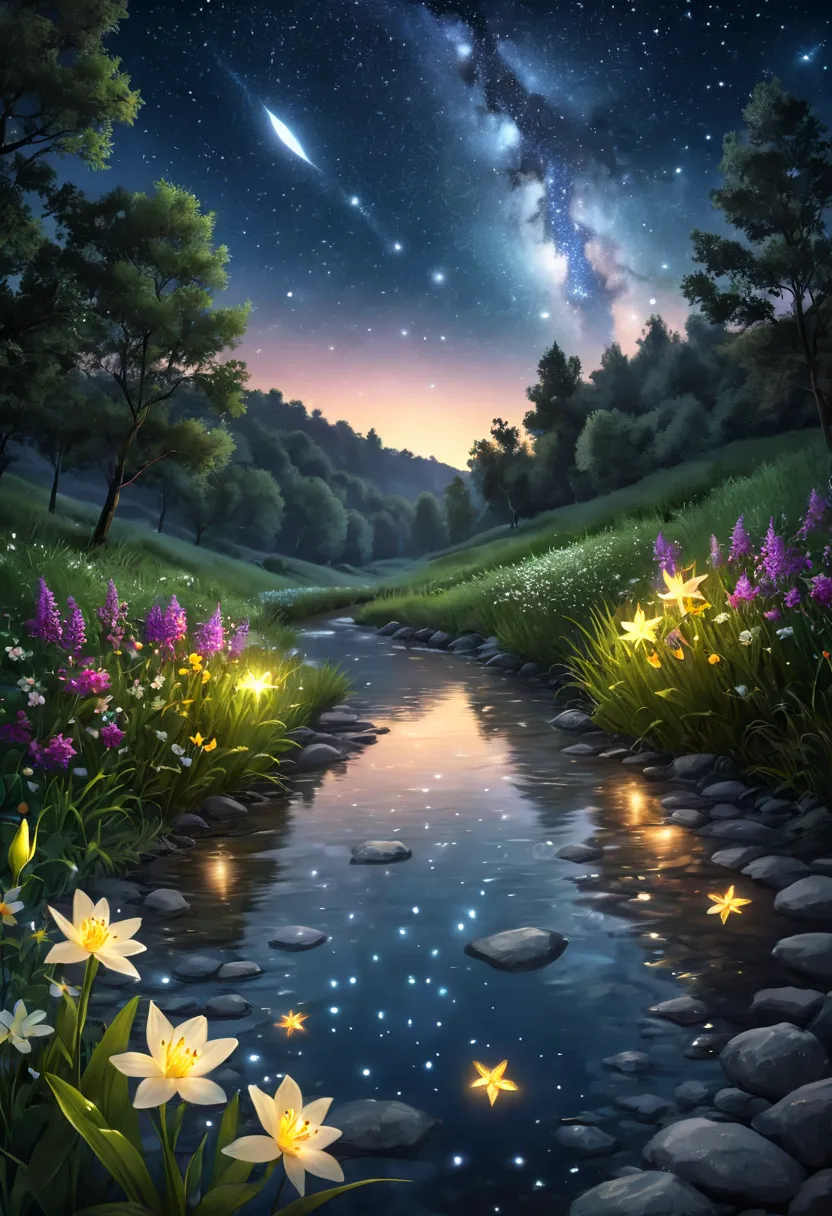 (masterpiece,best quality,absurdres,4K:1.2),landscape, moonlight, night time, stars, fireflies, flowers. night time, magical,  fantasy, mythical, 4K, 8k, extremely clear, masterpiece, field of depth, hdr, detailed, hyper quality, vibrant, sharp focus, good...