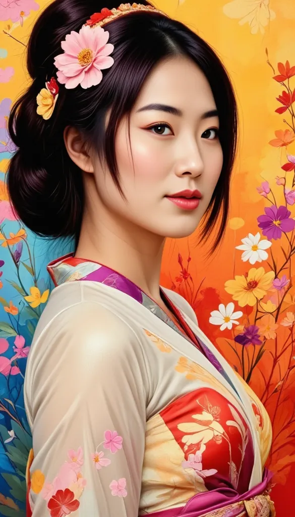  Ciafitteoil style impressionistic impasto painting, paint of a beautiful Japanese lady  elegant pose , details grey eyes and lashes, her plum lip and brown terracotta, standing at varanda, hue with vibrant, textured brushstrokes,wong-chanfluxsd3,wong-chan...