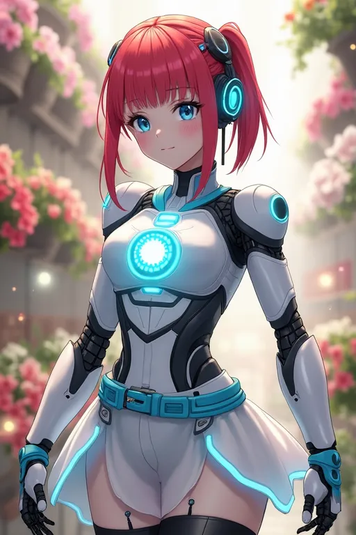 1 Robot anime girl with ((ivory robotic skin and pale a white face)), long red hair with a single short side ponytail, (pink cheek dots1.4), robot arms, big blue eyes, full blush, blue headphones, blue belt, sheer white dress with light blue trim, (((white...