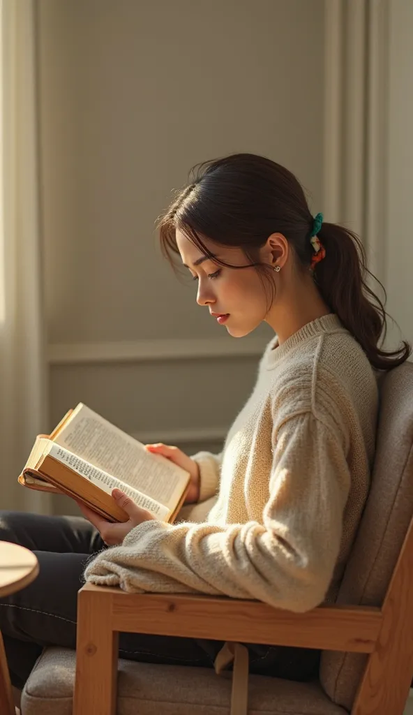 A woman, sweater, is reading a book in a room. There is a chair, in front of it there is a table. Side view. Wall background. Bright lighting