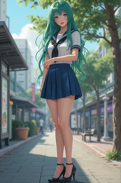 Create a blue-eyed Japanese woman dressed in a schoolgirl outfit, blue skirt, white blouse, green hair, stunning curves of a runway model, standing at the bus stop showing off her black high heels. The closest thing to a realistic woman.