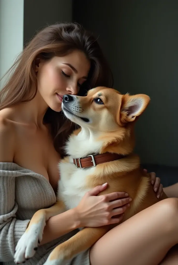 Naked girl takes a dog's dick in her mouth, on the bed 