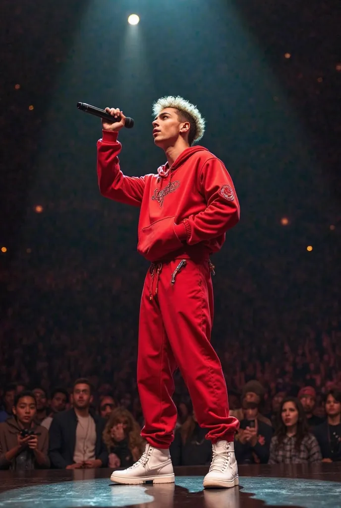 I want rapper photo, he wearing a white shoe and red costumes,  he is performing in front of people and they are vibing his song , he is 23 years old boy anda a fair boy and brush hair, and holding mic in his hand and singing well