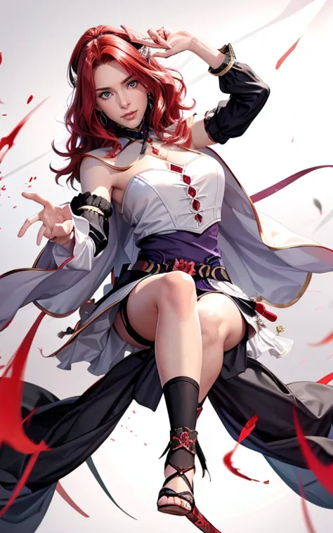 make a beautiful red-haired girl with yellow eyes,  crimson red hair （（（perfect figure，figure，black Japanese clothing,White feather woven, （（（bleach，Scars on the chest, red eyes））），S-type figure:1.7））），((masterpiece)),high resolution, ((Best quality at bes...