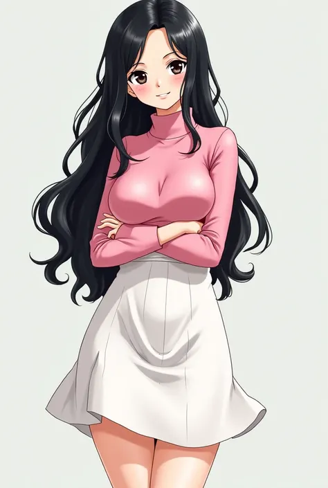 Mujer de one piece anime one piece piratas,  long wavy black hair, round black eyes with long eyelashes, parts,  pale skin ,  FLAT ABDOMEN , waist and pear body, delicate shoulders,big breasts, cute long white dress and slim pink sweater and cute thighs