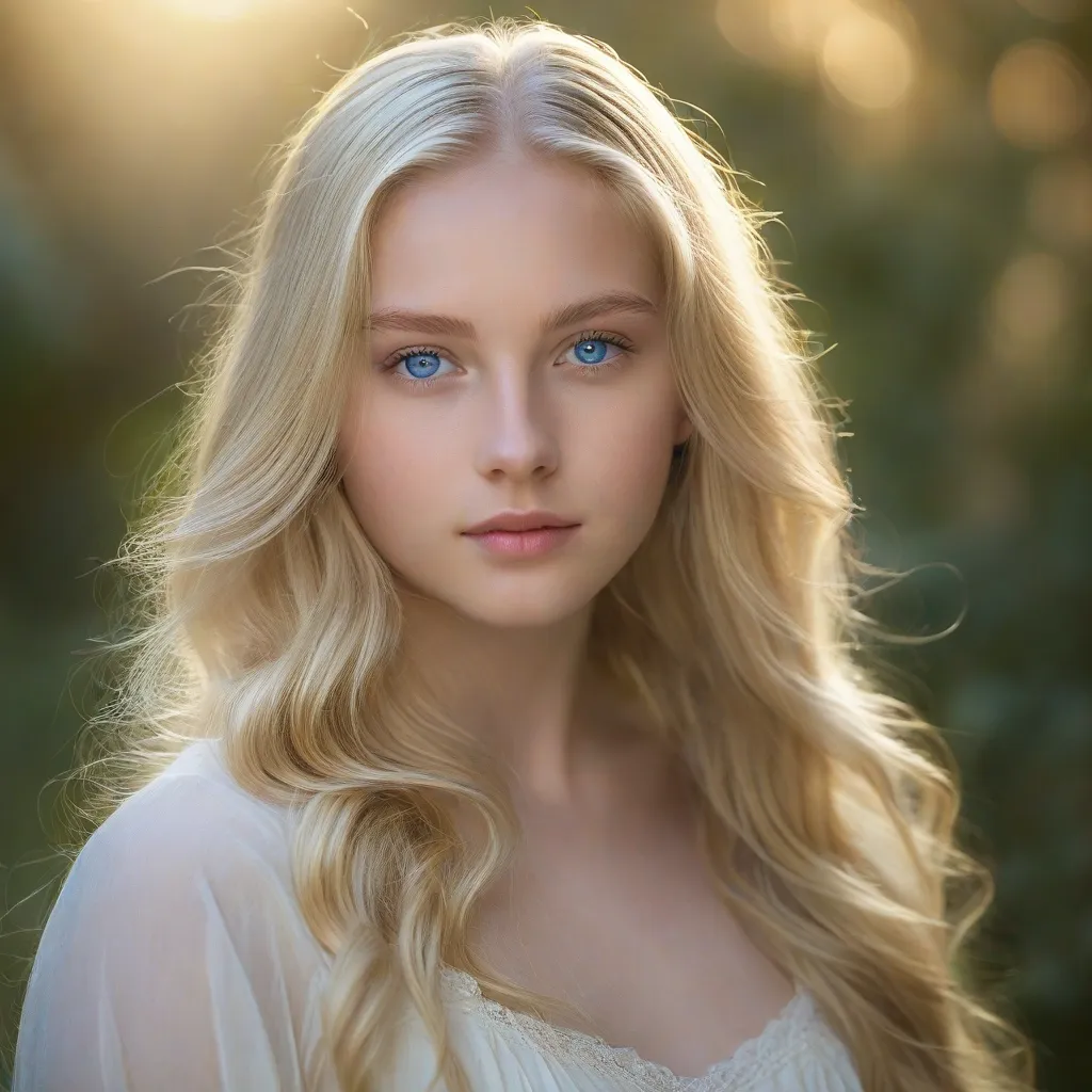 Blonde girl blue eyes white and soft skin, tender, innocent and beautiful, 18 years old, 