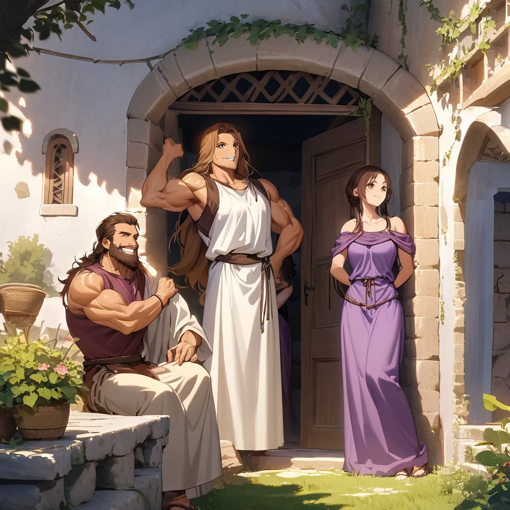  adults, skinny,   long hair , Brown-haired woman, Brown Eyed Woman, smile, Roman clothing, purple tunic, no bangs ,Stone House,Greek house,A man who is muscular, has permed hair, and a beard,couple