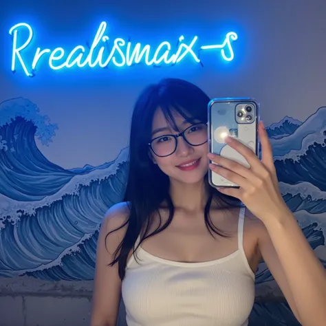 Amateur shot , above her creative text a large neon blue light read "Rrealismax-s " . a pov of a woman taking a selfie for Instagram ,  against a wall with a wave pattern  , without makeup,  light smile with slightly open mouth ,  she has long black hair w...