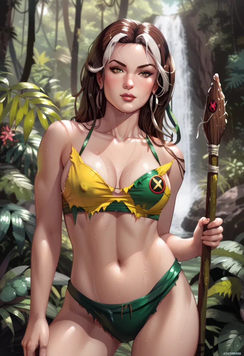 a drawing of a sexy woman with a spear in her hand, savage land Rogue, jungle bikini, perfct fit body, muscular, sweaty, tattered skimpy clothes, very nearly naked, x-men, rogue, Inspired by Jim Lee, Inspired by Boris Vallejo. Confident and serious express...