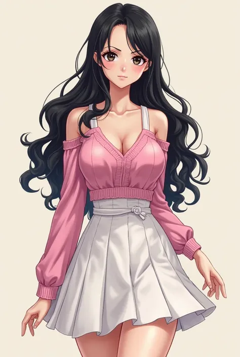 Mujer de one piece anime one piece piratas,  long wavy black hair, round black eyes with long eyelashes, parts,  pale skin ,  FLAT ABDOMEN , waist and pear body, delicate shoulders,big breasts, cute long white dress and slim pink sweater and cute thighs