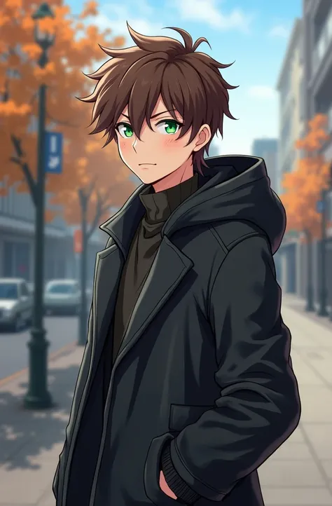 An anime guy with green eyes and a black coat standing on the sidewalk,  handsome anime man , cute anime pose, male anime style, male anime character, young anime man, anime portrait of a handsome man,  Anime Boy,  Anime character style,  semi-realistic an...