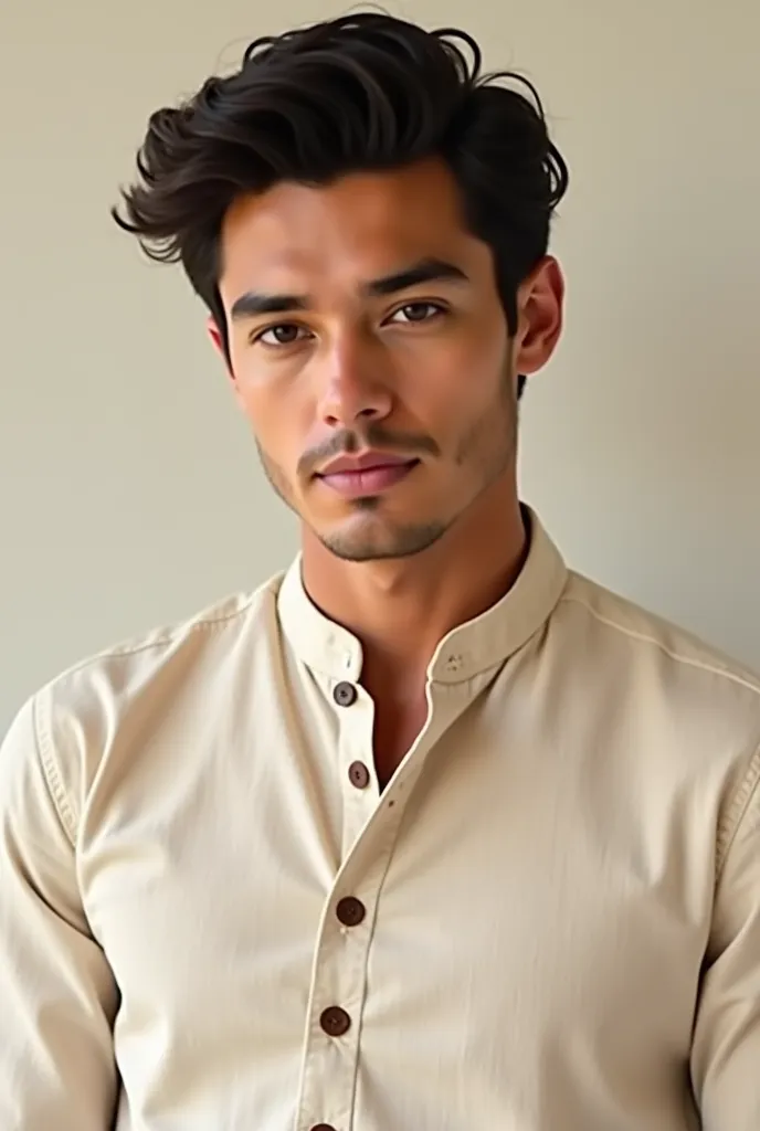 Handsome young Latino man wearing linen shirts mandarin collar brown buttons 