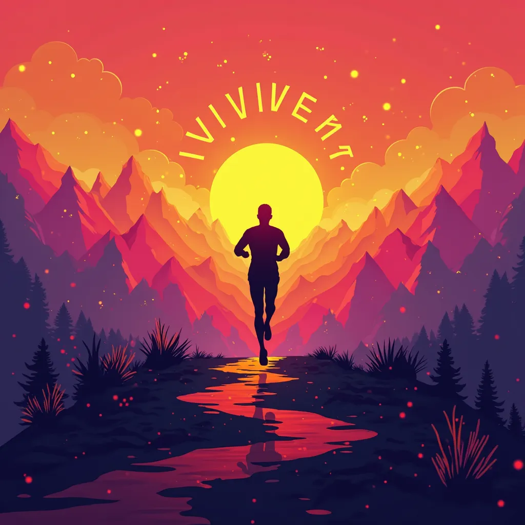 "A dynamic scene of a person running towards a mountain peak at sunrise, silhouette style. The background has exploding colors in vibrant gradients (fiery orange, electric purple, neon yellow). Add abstract geometric shapes symbolizing growth, a blazing su...