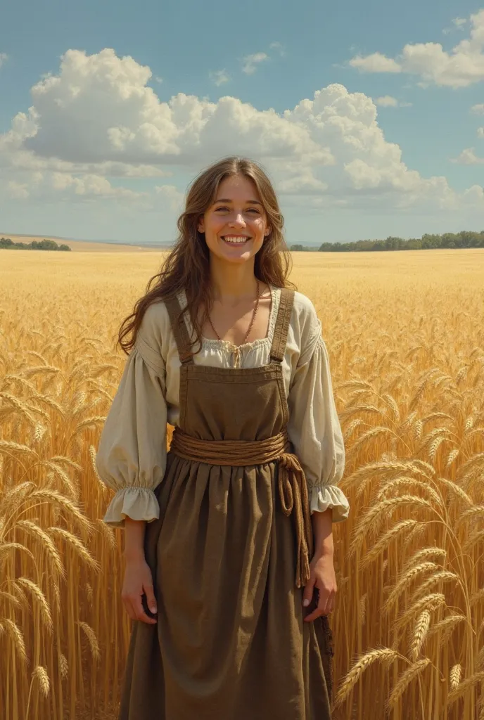 15th century peasant woman smiling and looking at the viewer in a huge wheat field