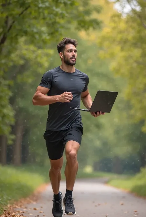 Athletics man run while open laptop for study 