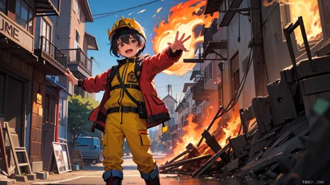 A brave and cheerful  boy named Taeo, with short black hair and bright, curious eyes. He wears a red firefighter helmet slightly tilted on his head and a small red jacket with yellow reflective stripes. His outfit includes dark blue pants and sturdy black ...