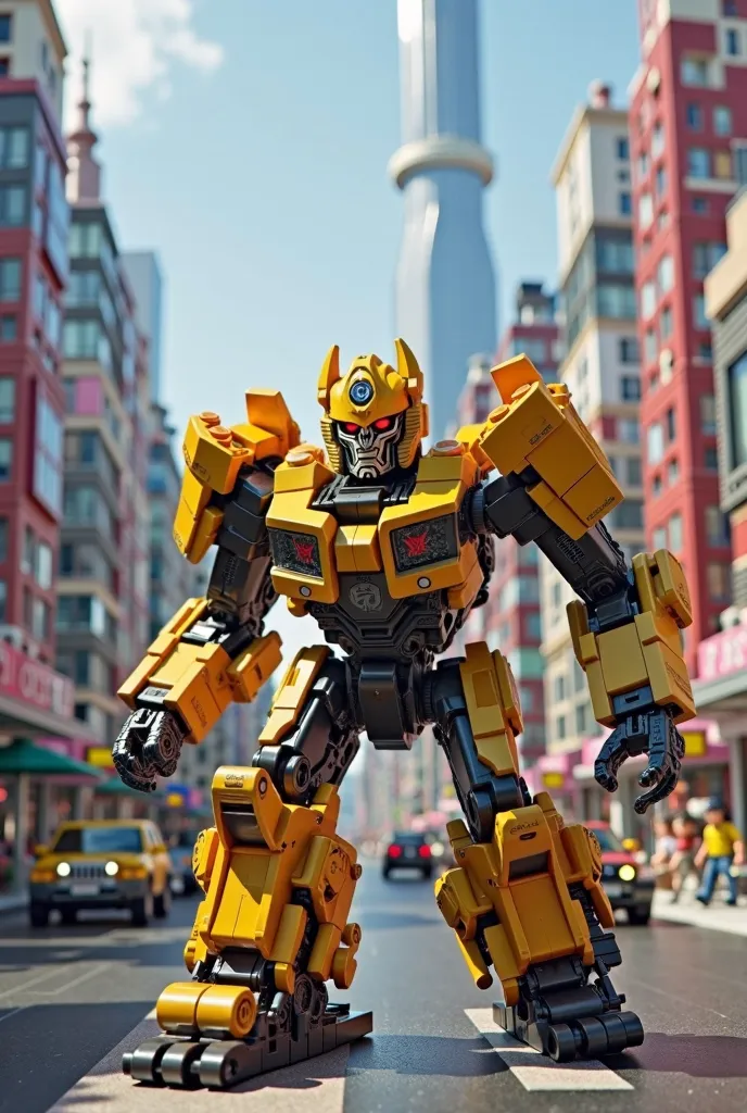 LEGO Bumblebee transformers in a LEGO city with lots of LEGO dolls