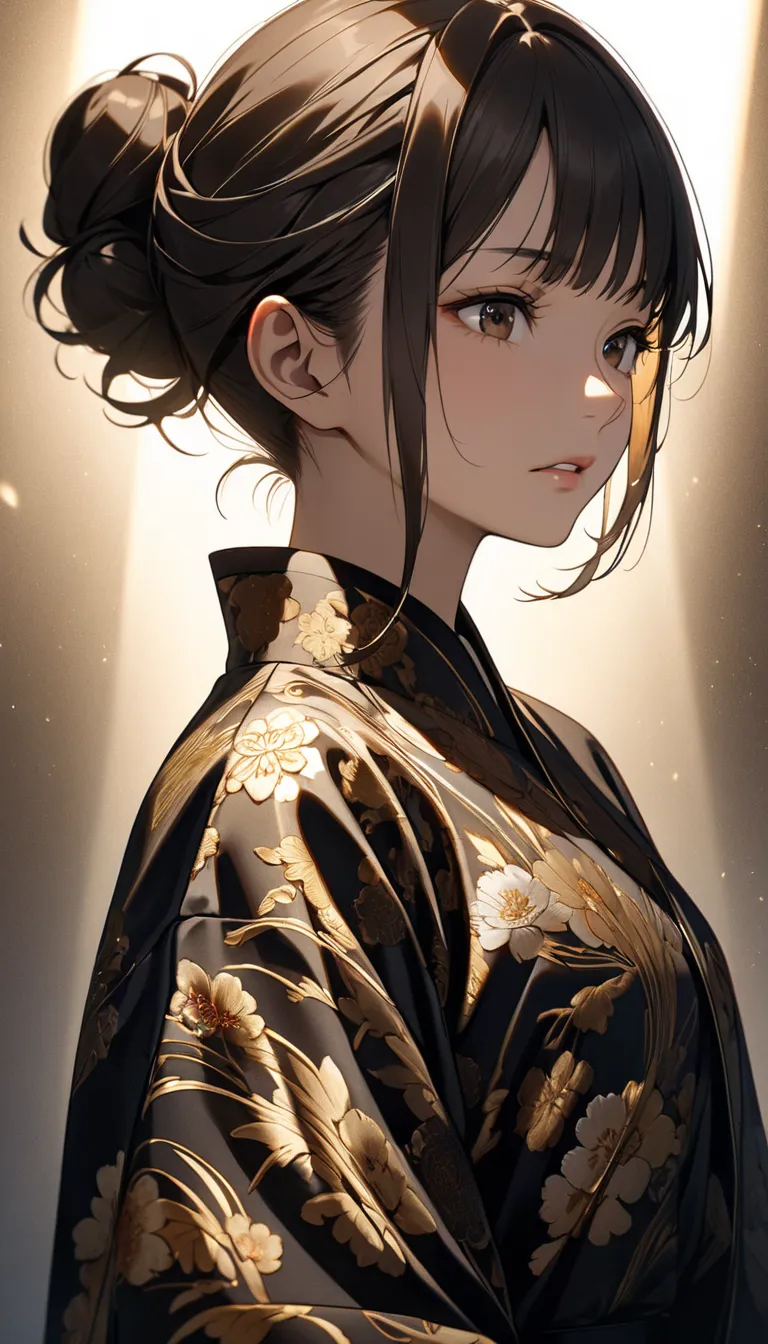 Close-up portrait of a young Asian woman, likely in her late s or early twenties, with dark, styled hair in a bun.  Intense expression with dramatic lighting creating strong shadows on her face.  She is wearing a dark, ornate, likely velvet or brocade jack...