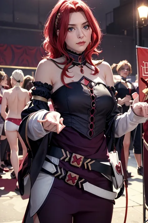 make a beautiful red-haired girl with yellow eyes,  crimson red hair （（（perfect figure，figure，black Japanese clothing,White feather woven, （（（bleach，Scars on the chest, red eyes））），S-type figure:1.7））），((masterpiece)),high resolution, ((Best quality at bes...