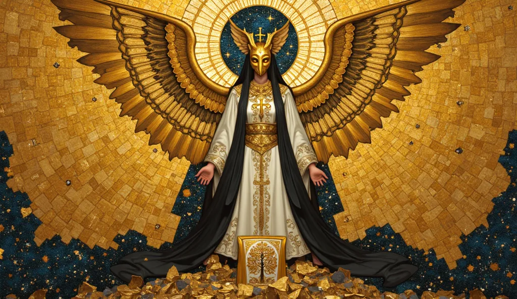 An angel in Klimt's opulent style, golden griffin mask (#FFD700), standing protectively over a fractured throne. wings: Layered triangles and Byzantine crosses, dripping molten gold. attire: white tunic (#FFFFFF) with black streamers (#000000) that symboli...