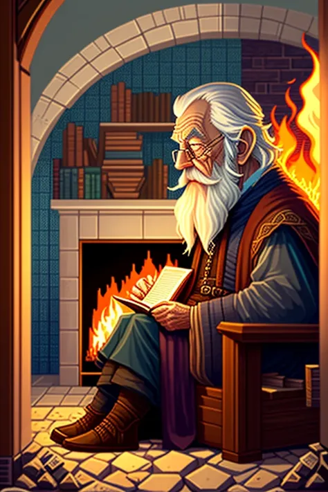 Gandalf sitting reading a book, fireplace with fire,  pixel art style
