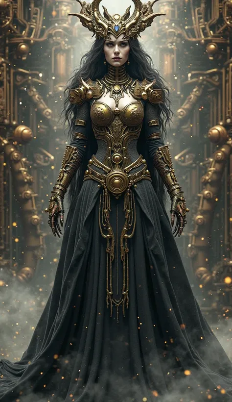 Goddess Hela, Modo Steampunk, full body front view 