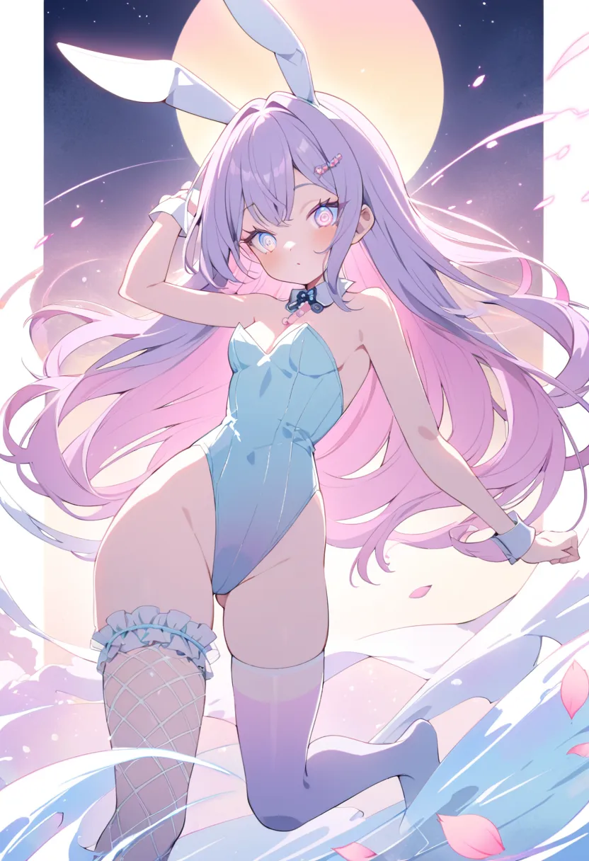 **Anime-Style Prompt**  
"Whimsical anime illustration of a playful bunny girl, dynamic pose with flowing hair strands catching golden hour light, wearing stylized leotard featuring origami-inspired folds and translucent chiffon overlays, gradient stocking...